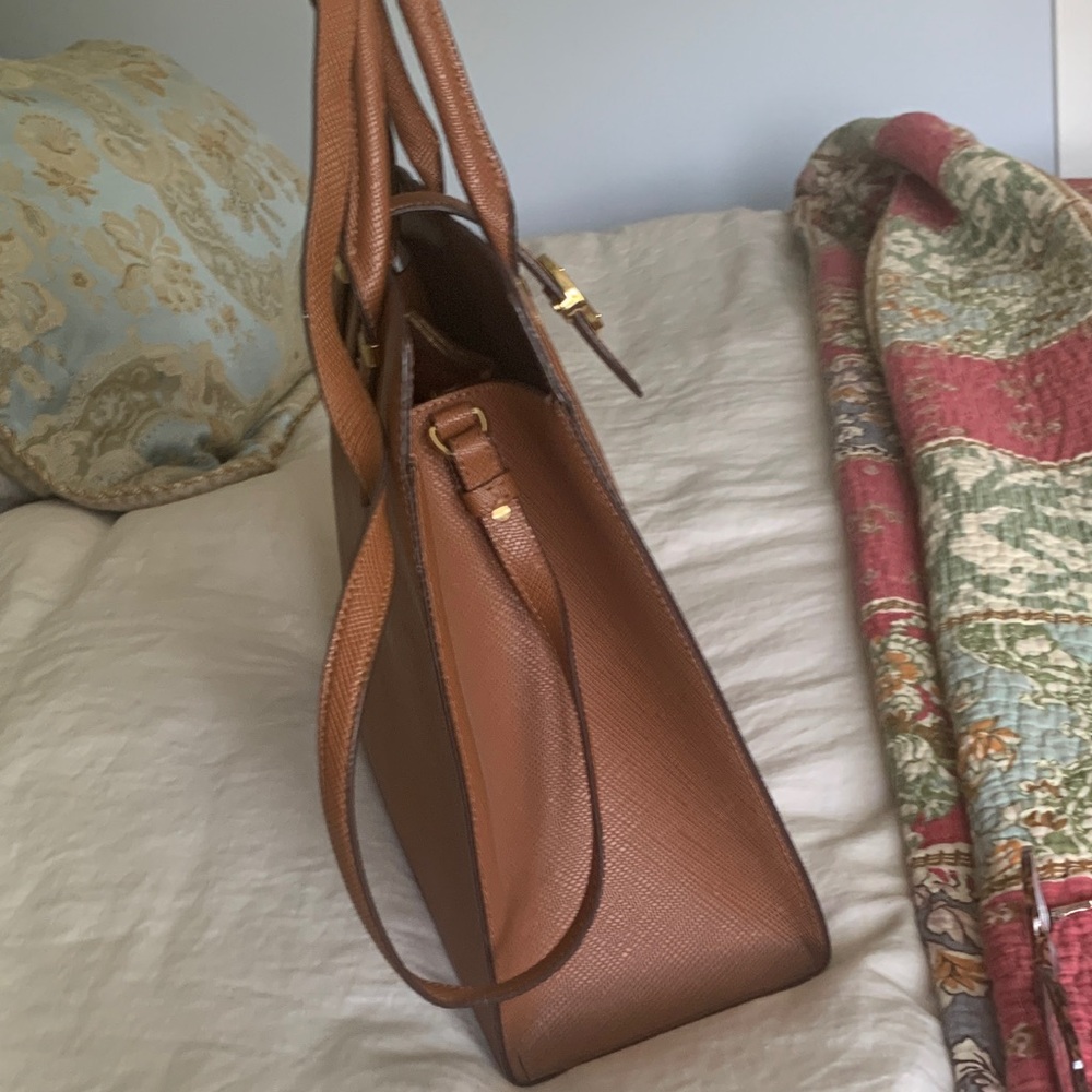 Ralph Lauren Cognac Textured Leather Satchel with Gold RL Medallion - Picture 10 of 16